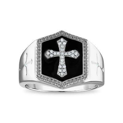 1/10 CTW Natural Diamond Cross Black Enamel Ring in Sterling Silver