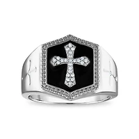 1/10 CTW Natural Diamond Cross Black Enamel Ring in Sterling Silver