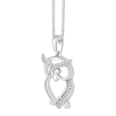 1/10 CTW Diamond Owl 18-inch Pendant in Sterling Silver