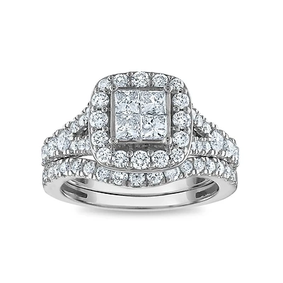 1-1/2 CTW Natural Diamond Halo Bridal Set Ring in 10KT White Gold