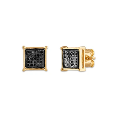 1/6 CTW Natural Diamond Cluster Stud Treated Black Earrings in 10KT Yellow Gold