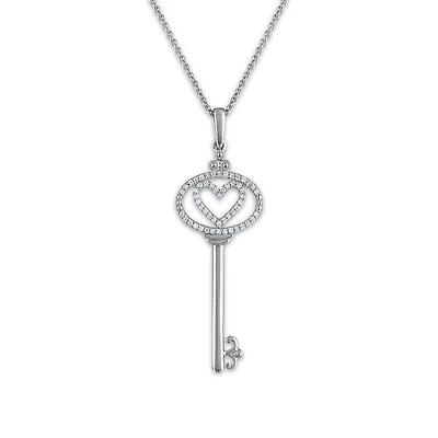 1/7 CTW Natural Diamond Heart Key 18-inch Pendant in 10KT White Gold
