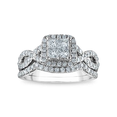 1 CTW Natural Diamond Halo Bridal Set Ring in 10KT White Gold