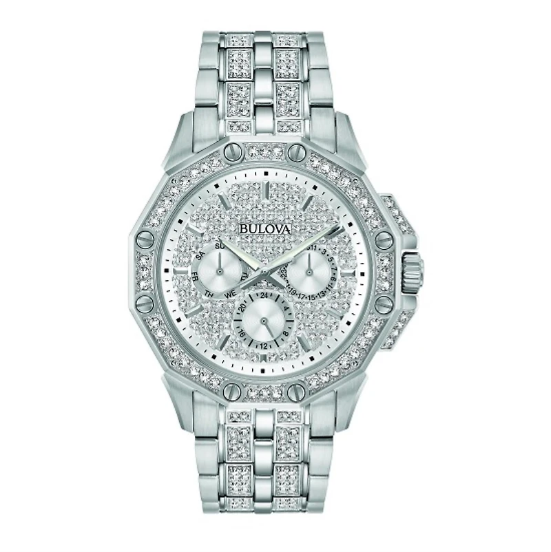 Bulova Crystal Collection Watch with 41MM Silvertone Round Dial and Stainless Steel Bracelet. 96C134