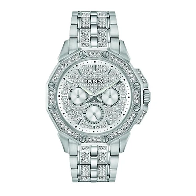 Bulova Crystal Collection Watch with 41MM Silvertone Round Dial and Stainless Steel Bracelet. 96C134