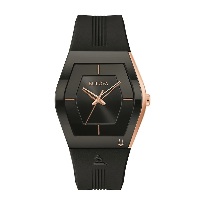 Bulova Futuro Watch with 40X46MM Black Tonneau Dial and Silicone Strap. 97A163