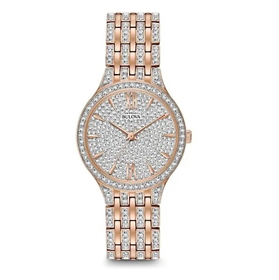 Bulova Crystal Collection Watch with 32MM Silvertone Round Dial and Stainless Steel Bracelet. 98L235