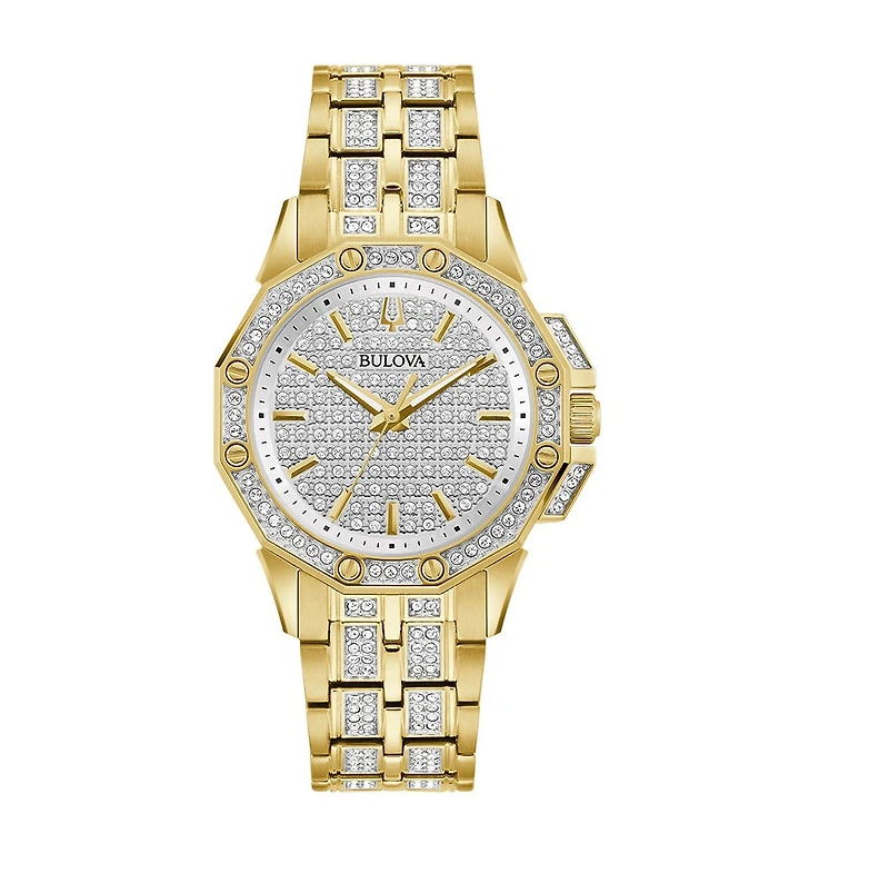 Bulova Octava Crystal Watch in Goldtone Stainless Steel Bracelet. 98L302