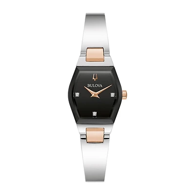 Bulova Gemini Watch with 22X12MM Black Dial and Two-tone Stainless Steel Bracelet. 98P216