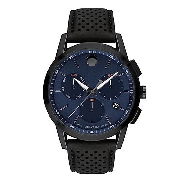 Movado Museum Sport with 43MM Blue Chronograph Dial and Black Leather Strap. 0607360
