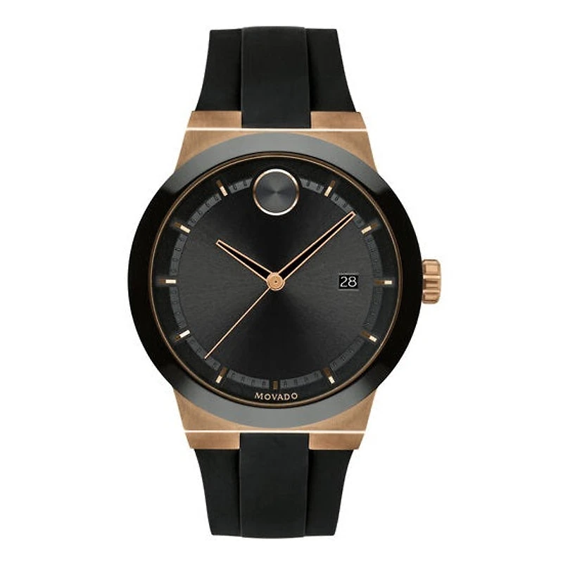 Movado BOLD with 42MM Black Dial Ceramic Bezel and Silicone Strap. 3600622