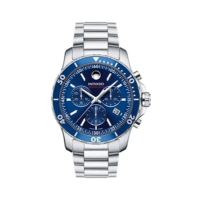 Movado Series 800 with 42MM Blue Chronograph Dial and Stainless Steel Bracelet. 2600141