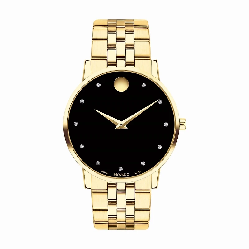 Movado Watch with 40MM Black Diamond Dial and Yellow Stainless Steel Bracelet. 0607625