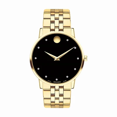 Movado Watch with 40MM Black Diamond Dial and Yellow Stainless Steel Bracelet. 0607625