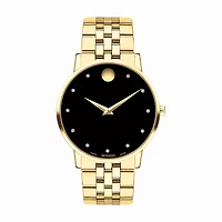 Movado Watch with 40MM Black Diamond Dial and Yellow Stainless Steel Bracelet. 0607625