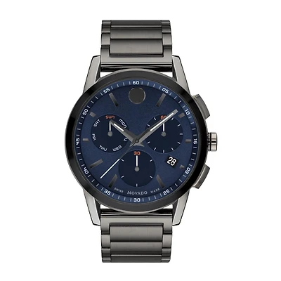 Movado Museum Sport with 43MM Blue Chrono Dial and Gunmetal Stainless Steel Bracelet. 0607624