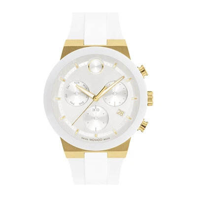 Movado BOLD Fusion with 44MM Ceramic Bezel and White Silicone Strap. 3600896