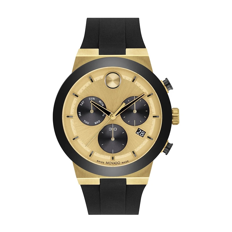 Movado BOLD Fusion with 44MM Champagne Chrono Dial and Black Silicone Strap. 3600895