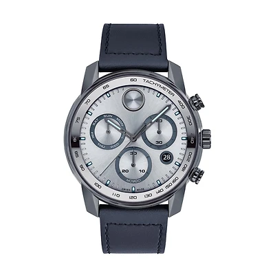 Movado BOLD Verso with 44MM Chrono Dial and Navy Blue Leather Strap. 3600909