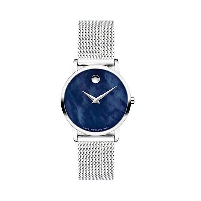 Movado Museum Classic with 28MM Blue Mother-of-Pearl Dial and Stainless Steel Mesh Bracelet. 0607425