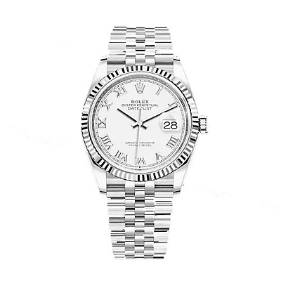 Pre-Owned Rolex White Stainless Steel Oyster Perpetual Datejust with 36X36 MM Silvertone Round Dial Watch with 18K Gold Bezel
