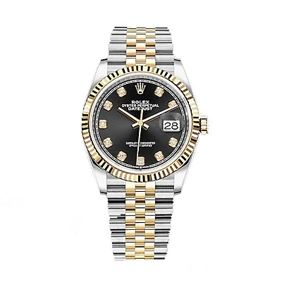 Pre-Owned Rolex Diamond Accent Oyster Perpetual Datejust with 36X36 MM Black Round Dial Steel & 18K Yellow Gold Jubilee. 10201