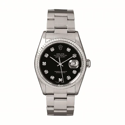 Pre-Owned Rolex Diamond Accent Datejust Oyster Perpetual with 36X36 MM Black Round Dial Stainless Steel with 18KT Gold Bezel