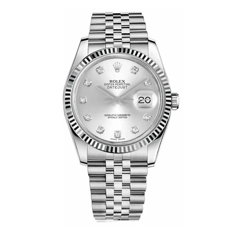 Pre-Owned Rolex Diamond Accent Oyster Perpetual Datejust with 36X36 MM Silvertone Round Dial Stainless Steel Jubilee. 18K Bezel