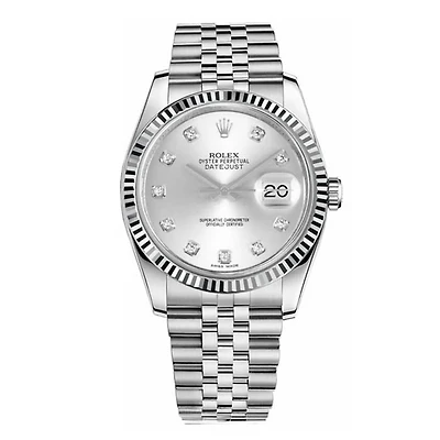 Pre-Owned Rolex Diamond Accent Oyster Perpetual Datejust with 36X36 MM Silvertone Round Dial Stainless Steel Jubilee. 18K Bezel