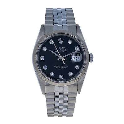 Pre-Owned Rolex Diamond Accent Oyster Perpetual Datejust with 36X36 MM Black Round Dial Stainless Steel Jubilee. with 18K Gold Bezel