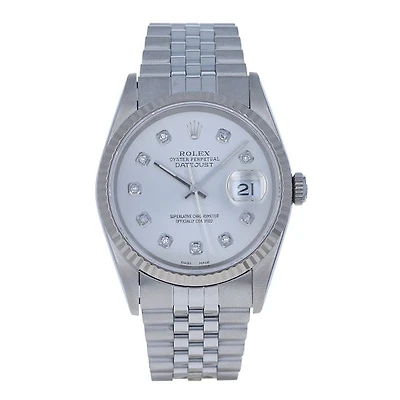 Pre-Owned Rolex Diamond Accent Oyster Perpetual Datejust with 36X36 MM Silvertone Round Dial Stainless Steel Jubilee. with 18K Gold Bezel