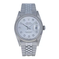 Pre-Owned Rolex Diamond Accent Oyster Perpetual Datejust with 36X36 MM Silvertone Round Dial Stainless Steel Jubilee. with 18K Gold Bezel