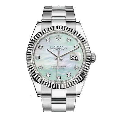 Pre-Owned Rolex Diamond Accent Oyster Perpetual Datejust with 41X41 MM Mother-of-Pearl Round Dial Stainless Steel Oyster. 18K Bezel