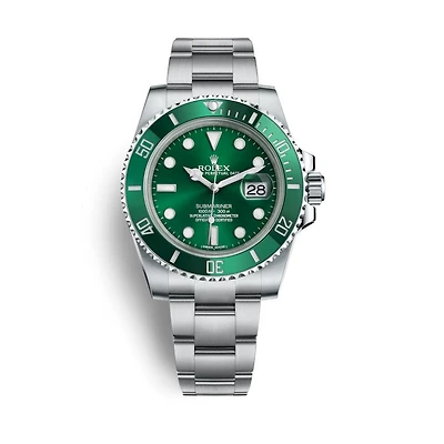 Pre-Owned Rolex White Stainless Steel Oyster Perpetual Submariner with 40X40 MM Green Round Dial. HULK