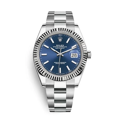 Pre-Owned Rolex White Stainless Steel Oyster Perpetual Datejust II with 41X41 MM Blue Round Dial. with 18K Gold Bezel