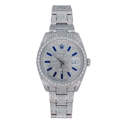 Pre-Owned Rolex Diamond Accent Oyster Perpetual Datejust with 41X41 MM Pave Diamond Round Dial Stainless Steel Oyster. Blue Sapphire Markers