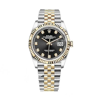 Pre-Owned Rolex Diamond Accent Oyster Perpetual Datejust with 36X36 MM Black Round Dial Steel & 18K Yellow Gold Jubilee