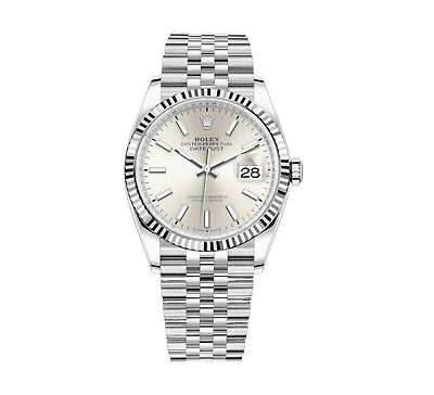 Pre-Owned Rolex White Stainless Steel Oyster Perpetual Datejust with 36X36 MM Silvertone Round Dial. with 18K Gold Bezel