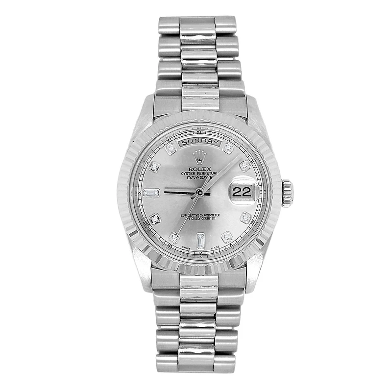 Pre-Owned Rolex Silvertone 18KT Gold Presidential Silvertone Diamond Dial. 218239