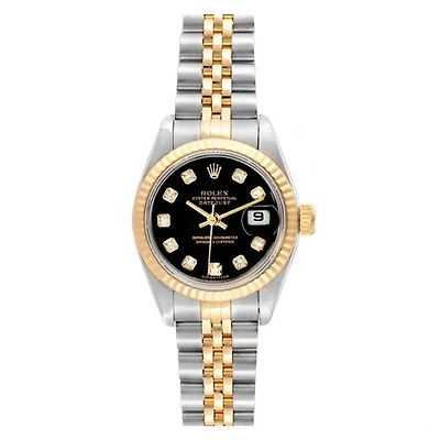Pre-Owned Rolex Diamond Accent Oyster Perpetual Lady-Datejust with 26X26 MM Black Round Dial Steel & 18K Yellow Gold Jubilee. 20201