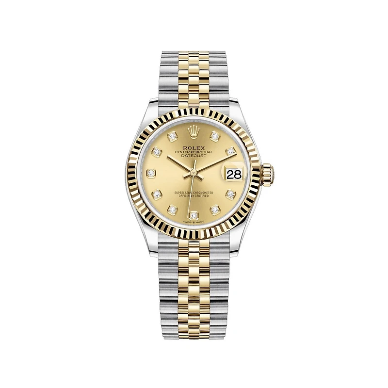 Pre-Owned Rolex Diamond Accent Oyster Perpetual Lady-Datejust with 31X31 MM Champagne Round Dial Steel & 18K Yellow Gold Jubilee. Midsize Hidden Buckle