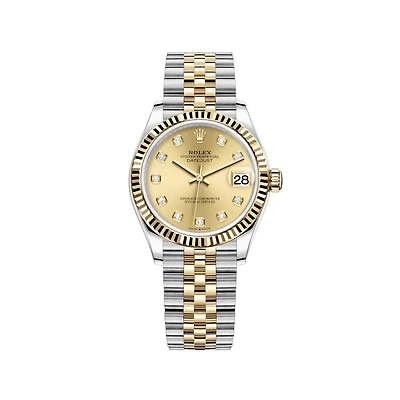 Pre-Owned Rolex Diamond Accent Oyster Perpetual Lady-Datejust with 31X31 MM Champagne Round Dial Steel & 18K Yellow Gold Jubilee. Midsize Hidden Buckle