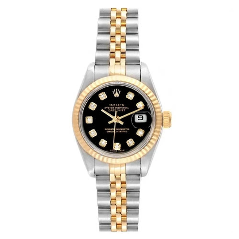 Pre-Owned Rolex Diamond Accent Oyster Perpetual Lady-Datejust with 26X26 MM Black Round Dial Steel & 18K Yellow Gold Jubilee. 69173.2