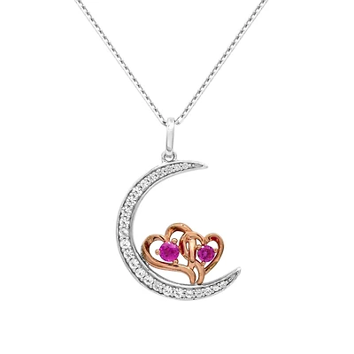 Created Ruby and Sapphire 18-inch Heart and Moon Pendant in Sterling Silver