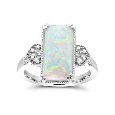 Red Hot Deal  14X7MM Baguette Opal and Diamond Fashion Ring in Sterling Silver