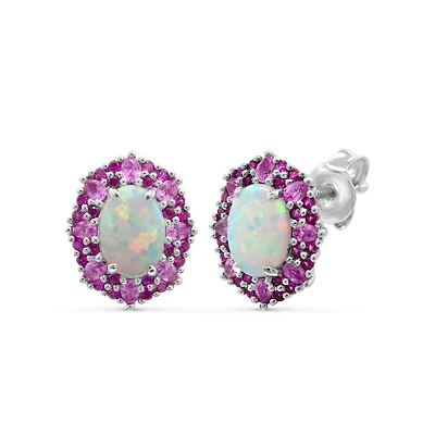 Red Hot Deal  7X5MM Oval Opal and Sapphire Halo Earrings in Sterling Silver