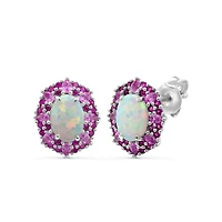 Red Hot Deal  7X5MM Oval Opal and Sapphire Halo Earrings in Sterling Silver