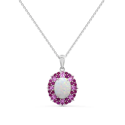 Red Hot Deal 10X8MM Oval Opal and Sapphire Halo 18-inch Pendant in Sterling Silver