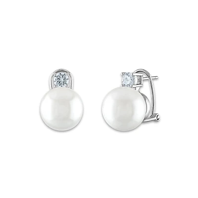 12MM Round Shell Pearl and Cubic Zirconia Earrings in Sterling Silver