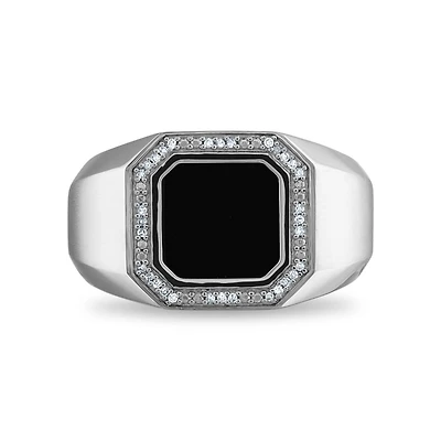 10MM Square Onyx and Diamond Ring in Rhodium Plated Sterling Silver